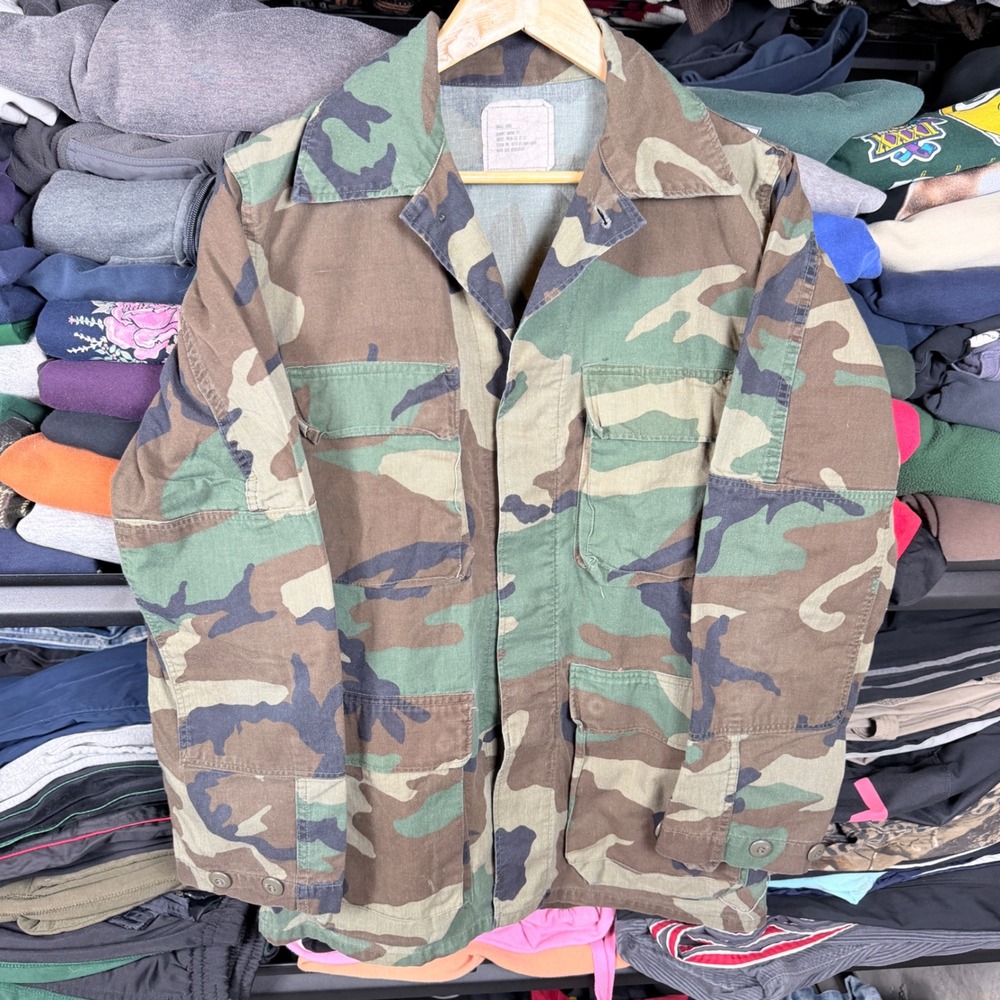 US Military Woodland Camouflage Combat Field Jacket Coat Mens Small Long